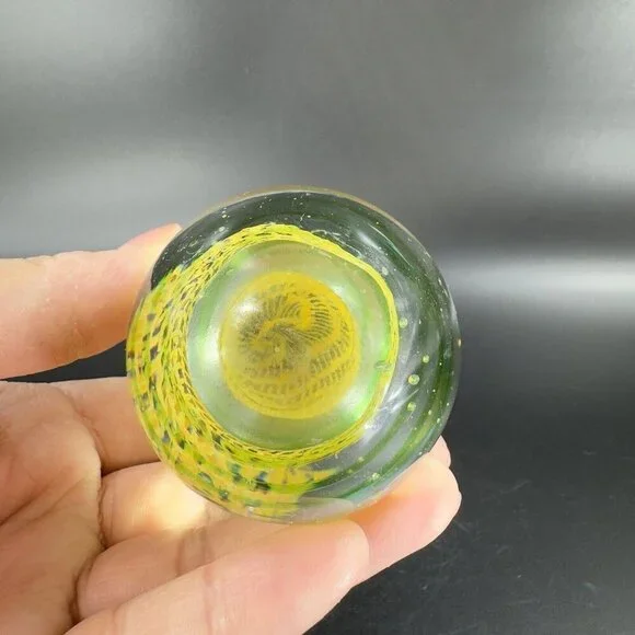 Art Glass Paperweight With Yellow Green Swirls All Over Egg Shaped Paperweight - Picture 10 of 16